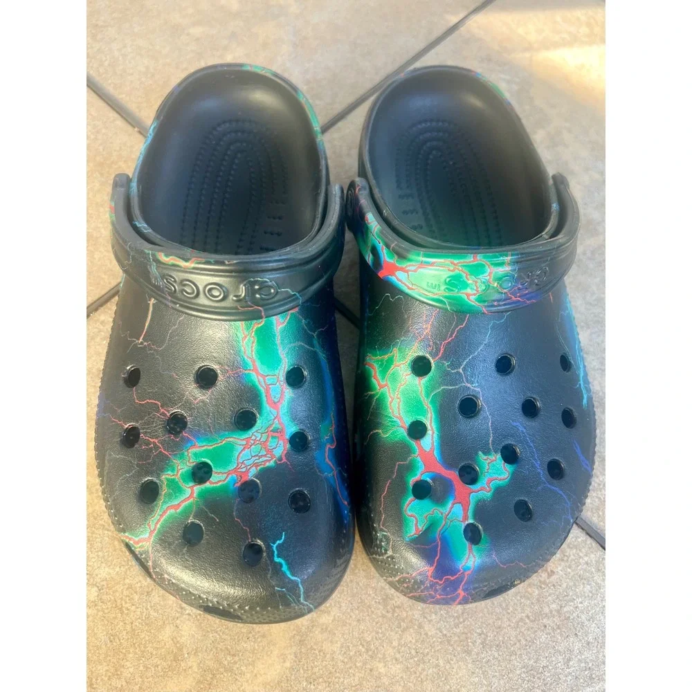 Crocs Classic Clog Out of This World II Black Neon Lightning Bolt Print M6 W8